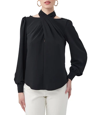 Trina Turk Kanai Cross Halter Neck Cutout Long Sleeve Blouse