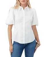 Trina Turk Kari Sateen Point Collar Short Puff Sleeve Button Down Top