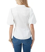 Trina Turk Kari Sateen Point Collar Short Puff Sleeve Button Down Top