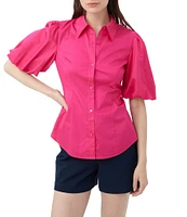 Trina Turk Kari Sateen Point Collar Short Puff Sleeve Button Down Top