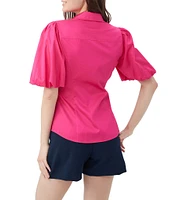 Trina Turk Kari Sateen Point Collar Short Puff Sleeve Button Down Top