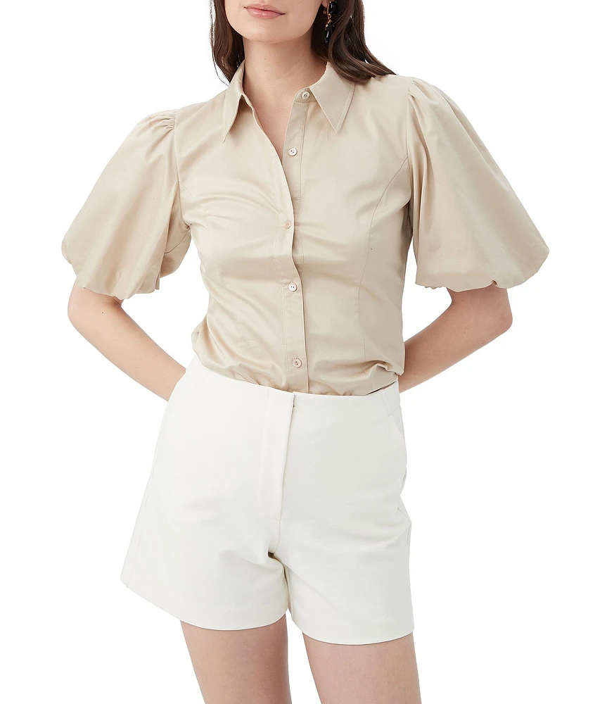 Trina Turk Kari Sateen Point Collar Short Puff Sleeve Button Down Top