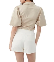 Trina Turk Kari Sateen Point Collar Short Puff Sleeve Button Down Top