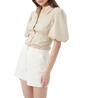 Trina Turk Kari Sateen Point Collar Short Puff Sleeve Button Down Top