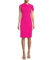 Trina Turk Keshi Stretch Woven Asymmetrical Twist Neck Short Sleeve Midi Sheath Dress