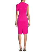 Trina Turk Keshi Stretch Woven Asymmetrical Twist Neck Short Sleeve Midi Sheath Dress