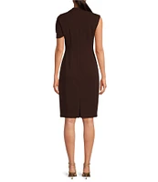 Trina Turk Keshi Stretch Woven Asymmetrical Twist Neck Short Sleeve Midi Sheath Dress