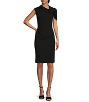 Trina Turk Keshi Stretch Woven Asymmetrical Twist Neck Short Sleeve Midi Sheath Dress