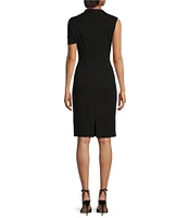 Trina Turk Keshi Stretch Woven Asymmetrical Twist Neck Short Sleeve Midi Sheath Dress