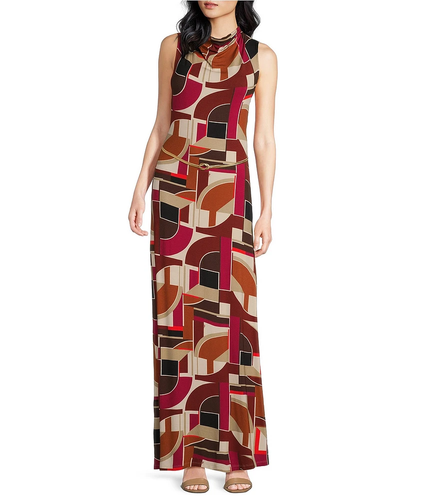 Trina Turk Kia Art Geo Print Cowl Neck Sleeveless Maxi A-Line Dress