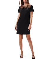 Trina Turk Kittany Carina Crepe Mesh Panel Paillettes Round Neck Short Sleeve Dress