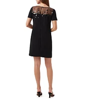 Trina Turk Kittany Carina Crepe Mesh Panel Paillettes Round Neck Short Sleeve Dress