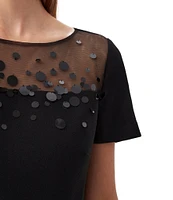 Trina Turk Kittany Carina Crepe Mesh Panel Paillettes Round Neck Short Sleeve Dress