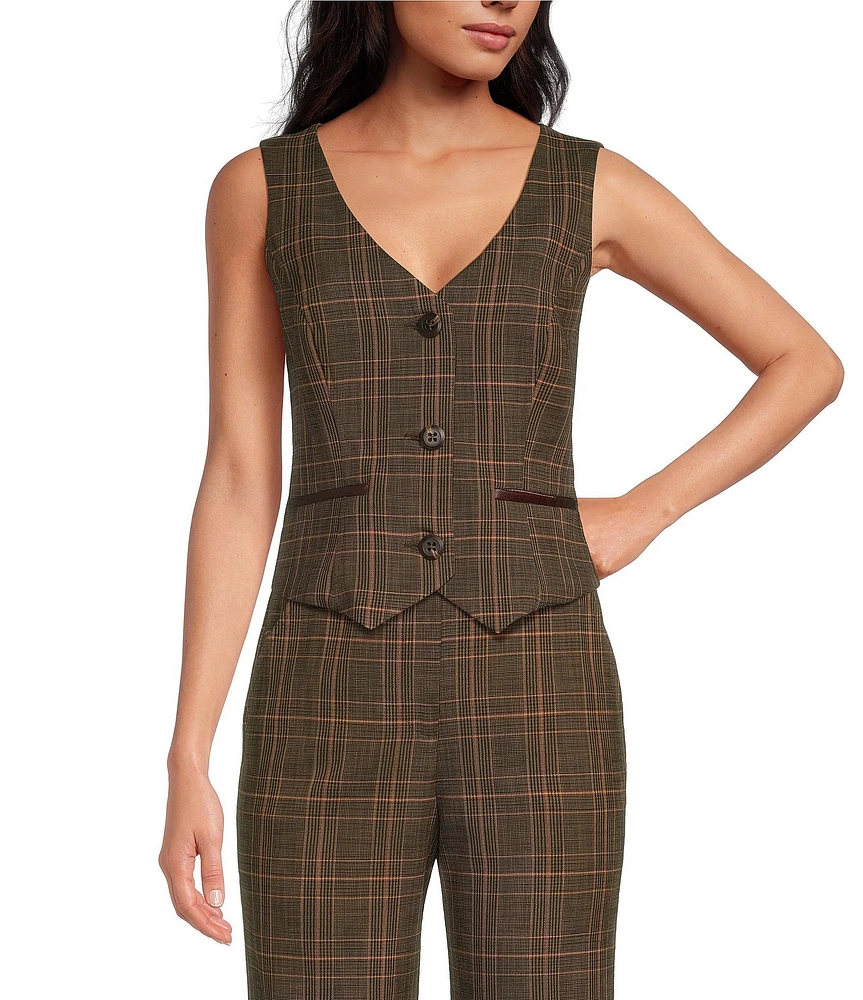 Trina Turk Kofi Woven Plaid Print V-Neck Button Front Vest