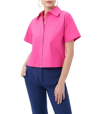 Trina Turk Komore Stretch Poplin Point Collar Short Sleeve Boxy Top