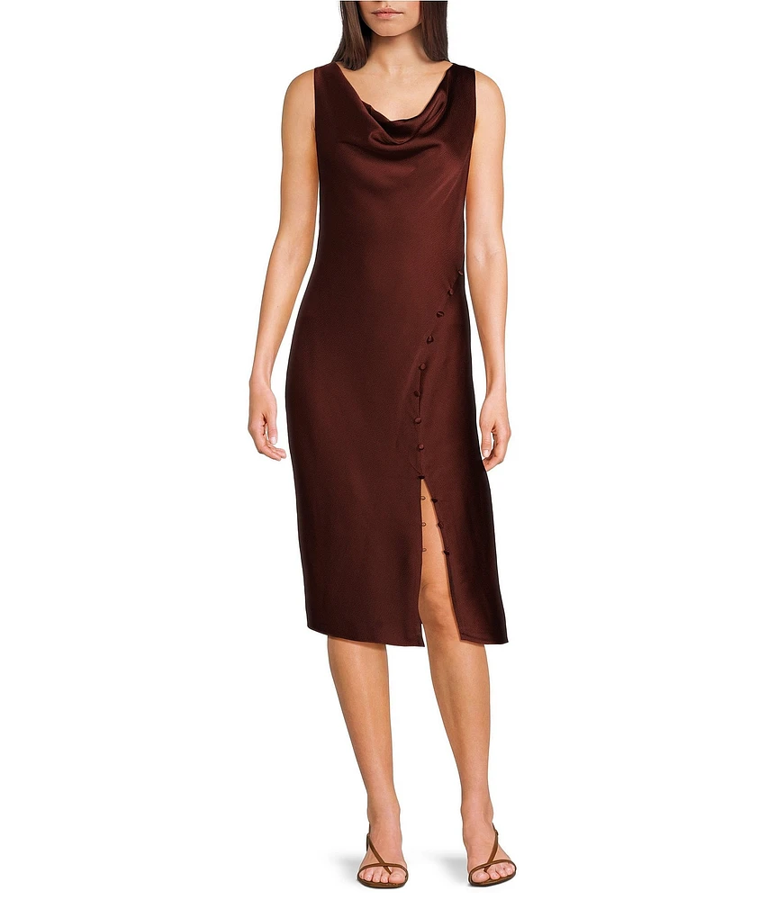 Trina Turk Kwame Hammered Satin Cowl Neck Sleeveless Button Detail Midi Sheath Dress