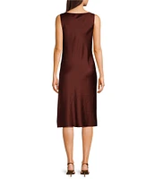 Trina Turk Kwame Hammered Satin Cowl Neck Sleeveless Button Detail Midi Sheath Dress