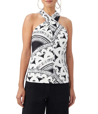 Trina Turk Lamour Knit Jersey Art Deco Print Halter Criss-Cross Top