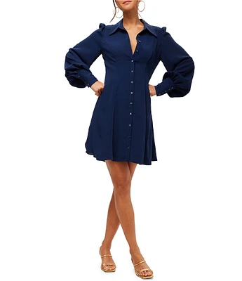 Trina Turk Lanea V-Neck Point Collar Bishop Long Sleeve Mini Dress