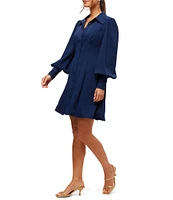 Trina Turk Lanea V-Neck Point Collar Bishop Long Sleeve Mini Dress