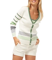 Trina Turk Leylah Knit Stripe Print V-Neck Long Sleeve Cardigain