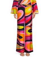 Trina Turk Long Weekend Flat Front Wide Leg Placed Abstract Print Full Length Coordinating Pants