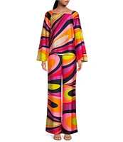 Trina Turk Long Weekend Flat Front Wide Leg Placed Abstract Print Full Length Coordinating Pants