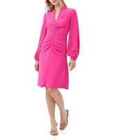 Trina Turk Lora Georgette Split V-Neck Long Blouson Sleeve Ruched Dress