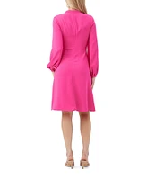 Trina Turk Lora Georgette Split V-Neck Long Blouson Sleeve Ruched Dress