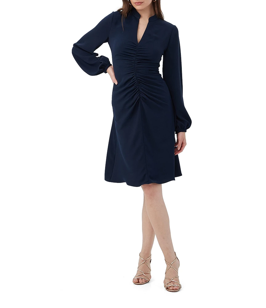 Trina Turk Lora Georgette Split V-Neck Long Blouson Sleeve Ruched Dress