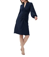 Trina Turk Lora Georgette Split V-Neck Long Blouson Sleeve Ruched Dress