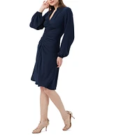 Trina Turk Lora Georgette Split V-Neck Long Blouson Sleeve Ruched Dress