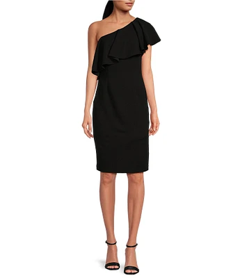 Trina Turk Luau Crepe Knit Asymmetric Ruffle One Shoulder Sheath Dress