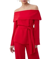 Trina Turk Lyndi Double Georgette Off-The-Shoulder Long Sleeve Tie Waist Top