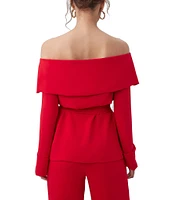 Trina Turk Lyndi Double Georgette Off-The-Shoulder Long Sleeve Tie Waist Top