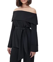 Trina Turk Lyndi Double Georgette Off-The-Shoulder Long Sleeve Tie Waist Top