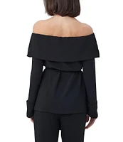 Trina Turk Lyndi Double Georgette Off-The-Shoulder Long Sleeve Tie Waist Top