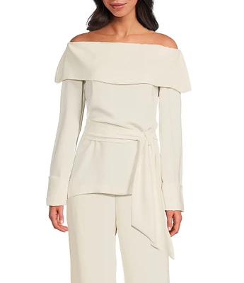 Trina Turk Lyndi Double Georgette Off-The-Shoulder Long Sleeve Tie Waist Top