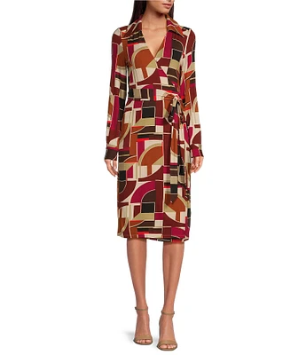 Trina Turk Makeba Knit Jersey Art Geo Print V-Neck Point Collar Faux Wrap Midi Dress