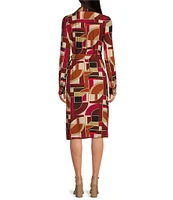 Trina Turk Makeba Knit Jersey Art Geo Print V-Neck Point Collar Faux Wrap Midi Dress