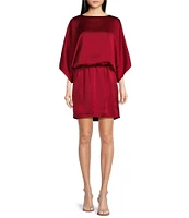 Trina Turk Manhattan Hammered Satin Round Neck 3/4 Dolman Sleeve Sheath Dress