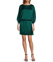 Trina Turk Manhattan Hammered Satin Round Neck 3/4 Dolman Sleeve Sheath Dress