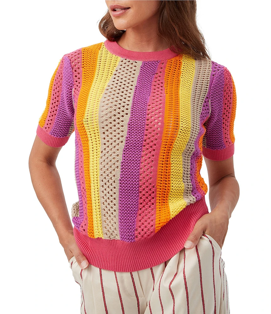 Trina Turk Marbella Stripe Knit Crew Neck Short Sleeve Pullover Top