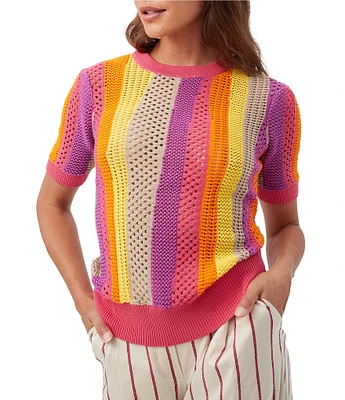 Trina Turk Marbella Stripe Knit Crew Neck Short Sleeve Pullover Top