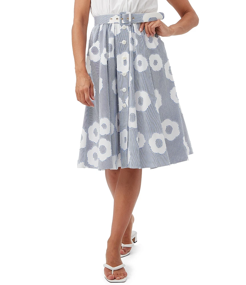 Trina Turk Mardi Cotton Blend Stripe Floral Print Belted A-Line Skirt