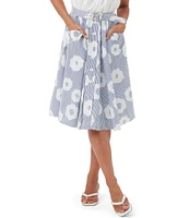 Trina Turk Mardi Cotton Blend Stripe Floral Print Belted A-Line Skirt