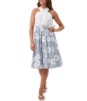 Trina Turk Mardi Cotton Blend Stripe Floral Print Belted A-Line Skirt