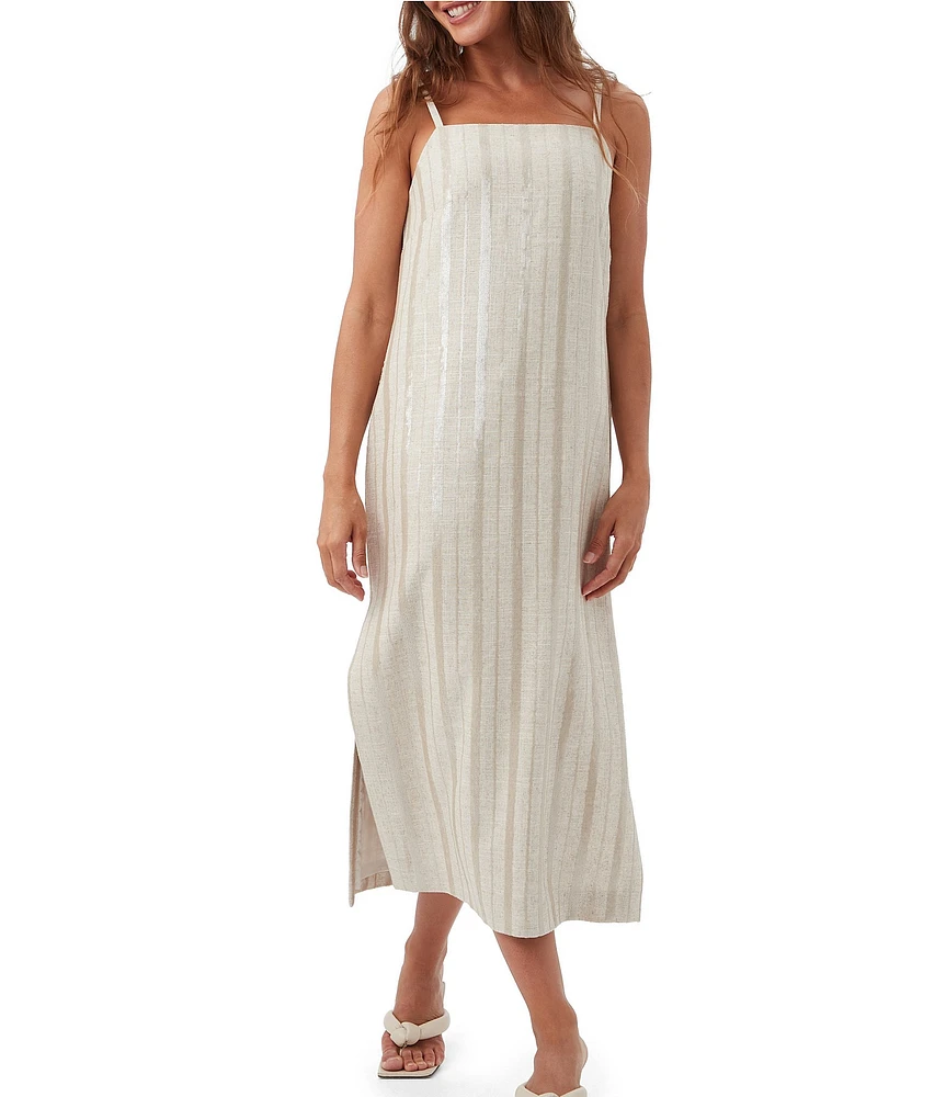 Trina Turk Marita Saint Maxime Linen Blend Sequin Stripe Square Neck Sleeveless Dress