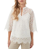 Trina Turk Martigues Lernis Lace Button Mandarin Collar 3/4 Bell Sleeve Top