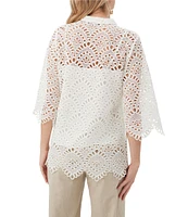 Trina Turk Martigues Lernis Lace Button Mandarin Collar 3/4 Bell Sleeve Top